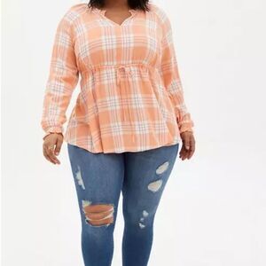 TORRID Rayon CrepeTie Waist Peasant smocked neck long sleeves elasticized cuffs